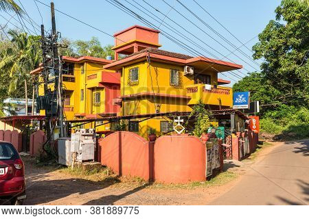 Candolim, North Goa, India - November 23, 2019: Street View Of Candolim At Sunny Day With Typical Ho