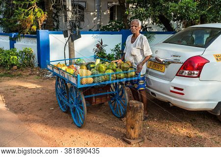 Candolim, North Goa, India - November 23, 2019: Street Fruit Vendor On The Way To The Candolim Beach