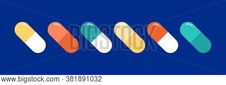 Colorful Pills, Medications, Capsule Vitamin Icons Set, Collection.