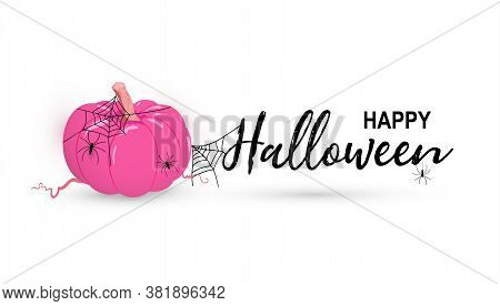Vector Happy Halloween Day Greeting Card With Pink Pumpkin, Net, Spiders Isolated On White Backgroun