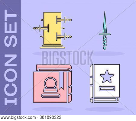 Set Ancient Magic Book, Trunk For Magic Tricks, Ancient Magic Book And Dagger Icon. Vector
