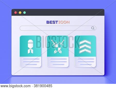 Set Medieval Shield With Crossed Swords, Aviation Bomb And Military Rank Icon. Vector