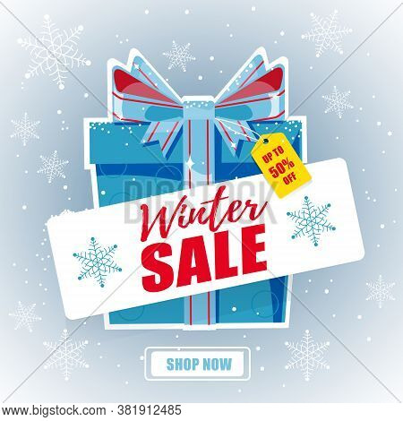 Vector Illustration Of Winter Sale Banner With Gift Boxes And Snowflakes