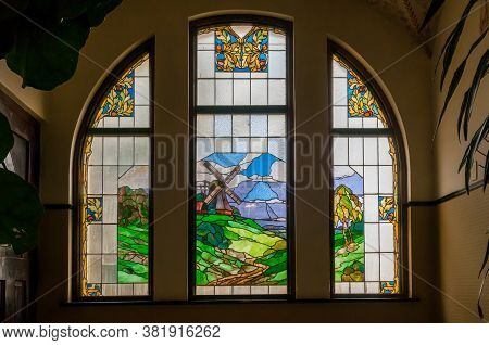 Luderitz, Namibia - June 15, 2011: A Stained Glass Window In The Goerke House In Luderitz