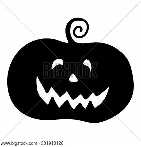 Halloween Pumpkin Black Silhouette With Cut Face Smile. All Saints Eve Symbol. Hand Drawn Doodle Cli