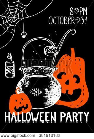 Halloween Party Vertical Poster. Promotional Flyer Featuring Hand Drawn Orange Pumpkins Witchs Potio