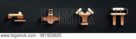 Set Water Tap, Industry Pipe And Valve, Industry Metallic Pipe And Water Filter Icon With Long Shado