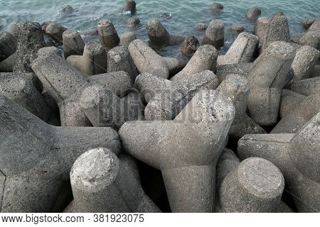 MUMBAI, INDIA - FEBRUARY 13, 2020: Tetrapods on Marine Drive in Mumbai, India