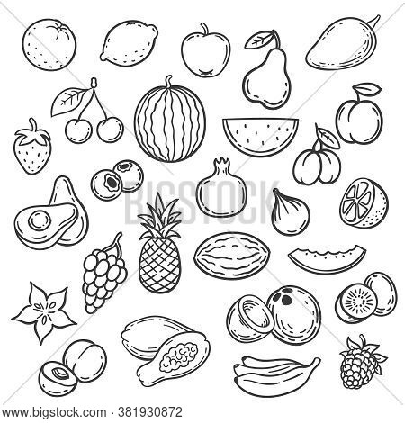 Doodle Fruits. Hand Drawn Outline Berry Apricot, Banana And Pear, Cherry. Apple, Strawberry And Grap