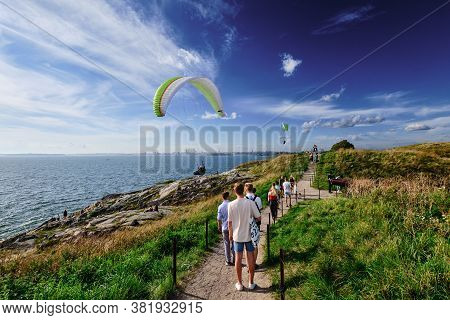 Helsinki, Finland - August 15, 2020: People Walk On The Suomenlinna Island At The Hot Summer Day. Th