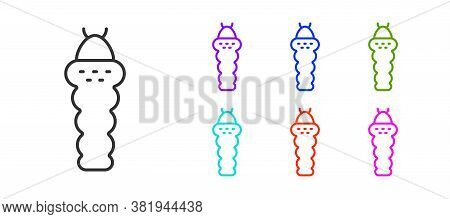 Black Line Larva Insect Icon Isolated On White Background. Set Icons Colorful. Vector