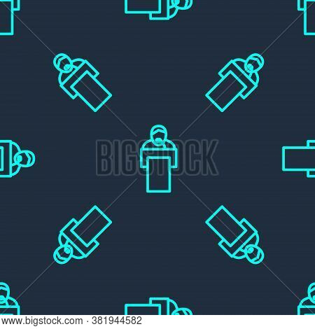 Green Line Gives Lecture Icon Isolated Seamless Pattern On Blue Background. Stand Near Podium. Speak