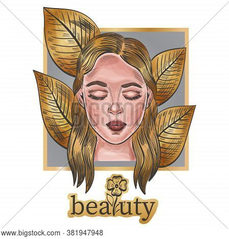 Beautiful Fashion Woman Portrait. Girl Face With Closed Eyes On Golden Leaves Background, Beauty Tex