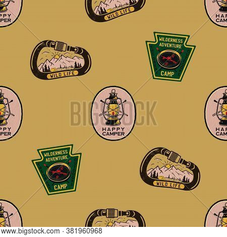 Adventure Seamless Pattern With Camping Labels Badges. Happy Camper Text. Travel Wallpaper Backgroun