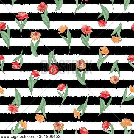 Vector Tulips On Striped Background Seamless Pattern Print