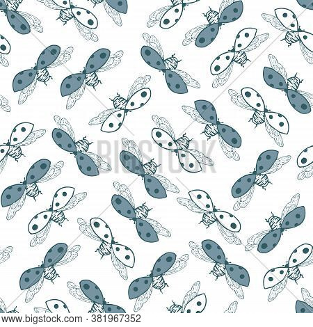 Vector White Blue Ladybug Seamless Pattern Print Background.