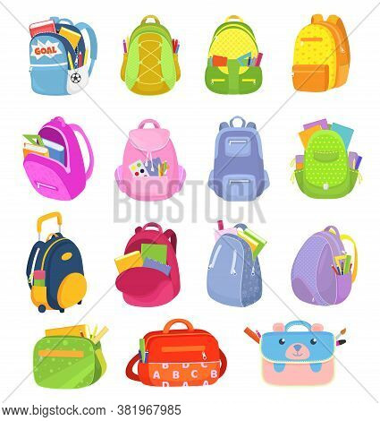 School Backpacks, Set Of Kids School Bags Isolated On White Vector Illustrations. Sacks, Rucksacks, 