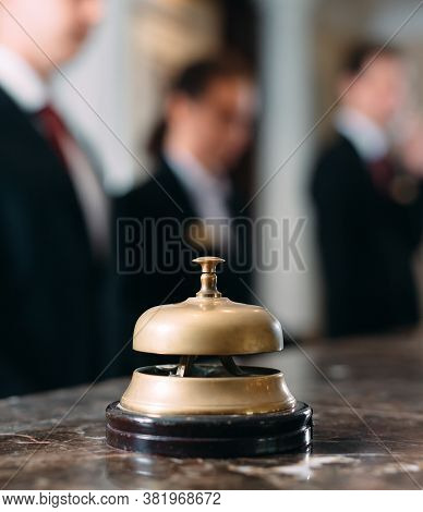 Hotel Service Bell Concept Hotel, Travel, Room, Modern Luxury Hotel Reception Counter Desk On Backgr