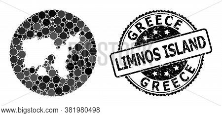 Vector Mosaic Limnos Island Map With Spheric Items, And Gray Rubber Stamp. Hole Round Limnos Island 