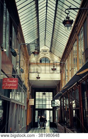 PARIS, FRANCE - MAY 13: Passage Jouffroy street view on May 13, 2015 in Paris. With the population of 2M, Paris is the capital and most-populous city of France