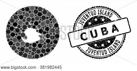Vector Mosaic Map Of Juventud Island With Circle Elements, And Grey Grunge Seal. Stencil Circle Map 