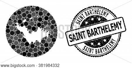 Vector Mosaic Map Of Saint Barthelemy With Spheric Blots, And Grey Watermark Stamp. Hole Round Map O