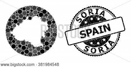 Vector Mosaic Map Of Soria Province With Round Elements, And Gray Watermark Seal Stamp. Subtraction 