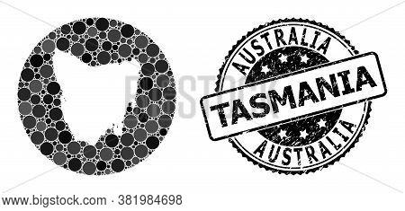 Vector Mosaic Map Of Tasmania Island With Circle Elements, And Grey Grunge Seal Stamp. Hole Circle M