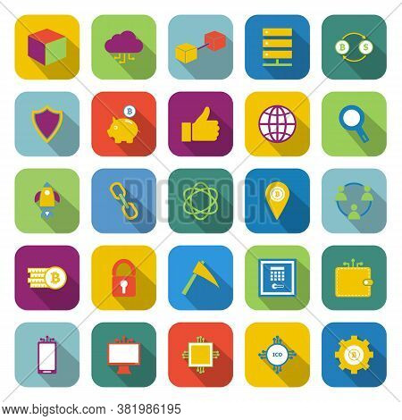 Blockchain Color Icons With Long Shadow, Stock Vetor