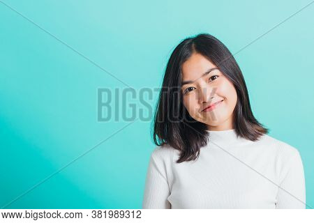 Portrait Of Asian Teen Beautiful Young Woman Wear A White T-shirt Smile Clean Skin, Female Beauty Fa