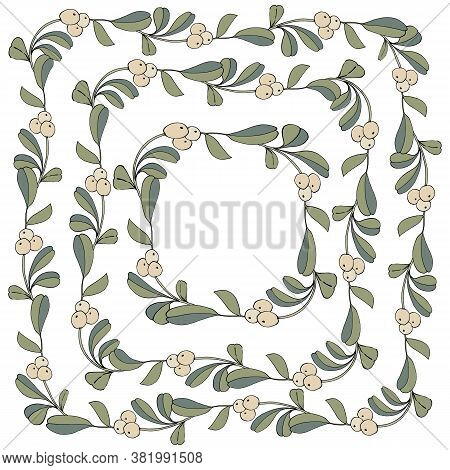 Christmas Wreath Twig Pattern Mistletoe. Rustic Vintage Bouquets With Mistletoe Twigs In Green Color