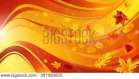 Shining Wavy Background With Falling Leaves. For Your Design.