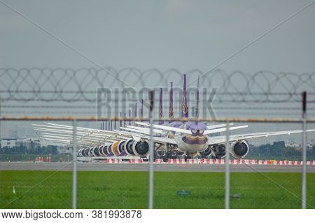 Bangkok, Thailand - August 23, 2020: Widebody Airplanes Belonging To The Bankrupt Thai Airways Being