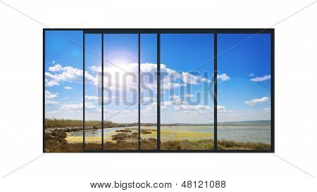 Panoramiczne okna nowoczesne krajobraz jeziora