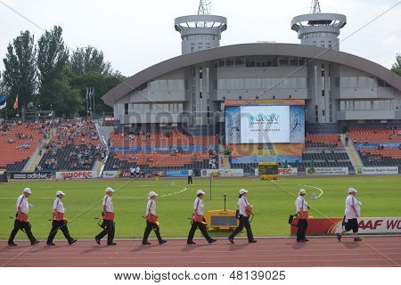 DONETSK, UKRAINE - JULY 11: Referees start to work on 8th IAAF World Youth Championships in Donetsk, Ukraine on July 11, 2013