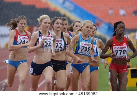 DONETSK, UKRAINE - JULY 11: Girls compete in the heat on 800 meters during 8th IAAF World Youth Championships in Donetsk, Ukraine on July 11, 2013