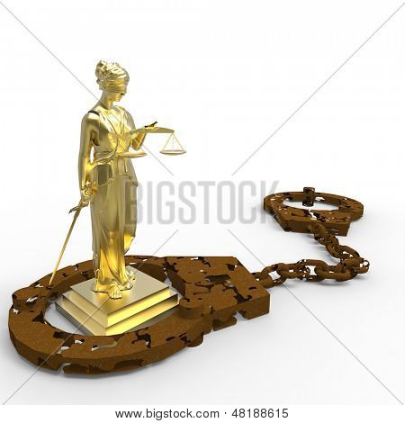 Estátua de Themis e algemas sobre fundo branco