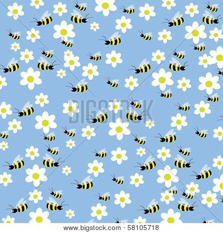 Seamless bees and flowers pattern