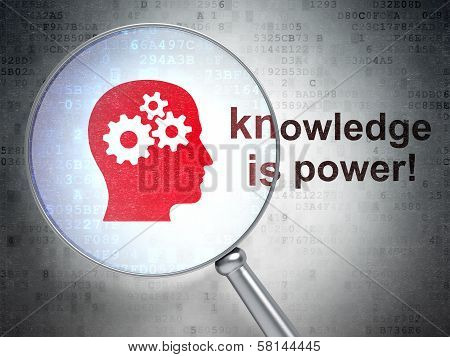 Education concept: Head With Gears and Knowledge Is power! with optical glass