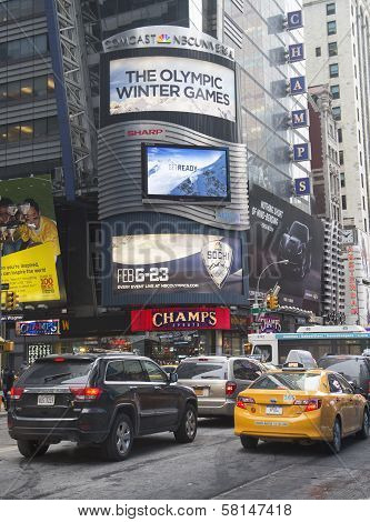 Comcast NBC Universal billboard decorated with Sochi 2014 XXII Winter Games logo