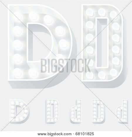 Vector illustration of unusual white lamp alphabet for light board. Letter d