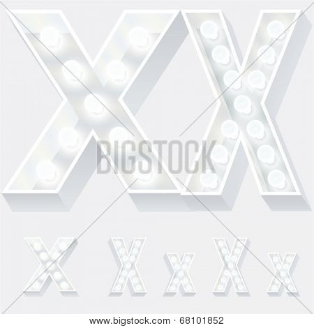 Vector illustration of unusual white lamp alphabet for light board. Letter x