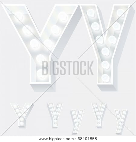 Vector illustration of unusual white lamp alphabet for light board. Letter y