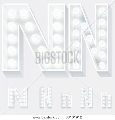 Vector illustration of unusual white lamp alphabet for light board. Letter n