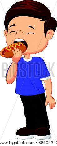 Cartoon boy eating hot dog