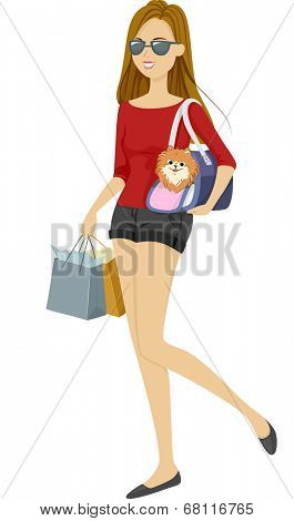 Illustration of a Girl Taking Her Dog on a Shopping Playdate