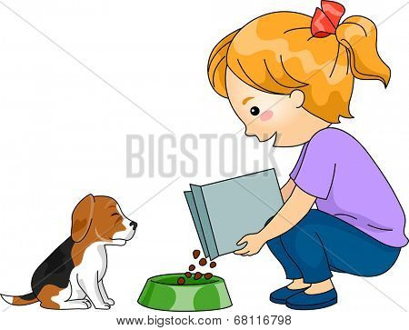 Illustration of a Little Girl Feeding Her Dog
