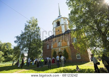 KRASNY BRONEVIK, RUSSIA - JULY 7, 2014: Celebrations commemorating the Rev. Anthony Dymsky (died 1224) in Antony Dymsky Monastery - Procession on Lake Dymsky, the great blessing of water and bathing.