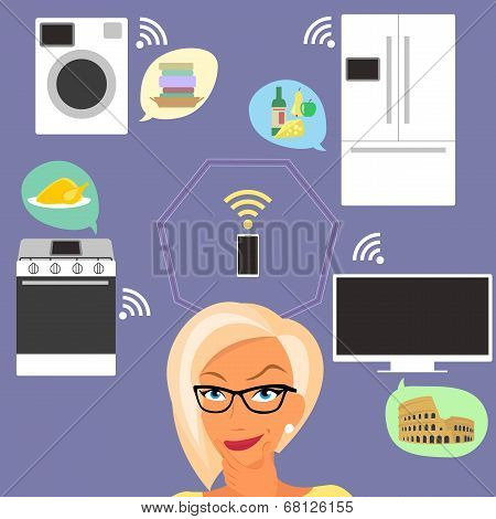 Blond woman thinking about smart gadgets at home and applications around her