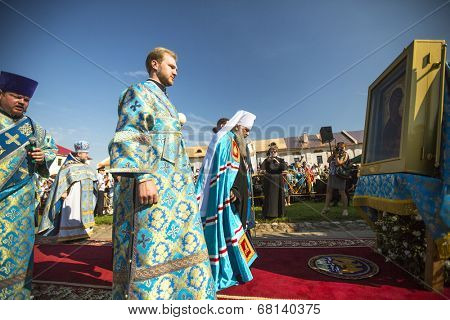 TIKHVIN, RUSSIA - JUL 9, 2014: Bishop Tikhvin and Lodeinopolskiy Mstislav celebrate Orthodox divine Liturgy on occasion celebrations of 10th anniversary of return of the Tikhvin icon of Mother of God.